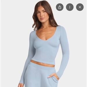 Dusty Blue Long Sleeve V Neck Women's Long Sleeve Top CSB